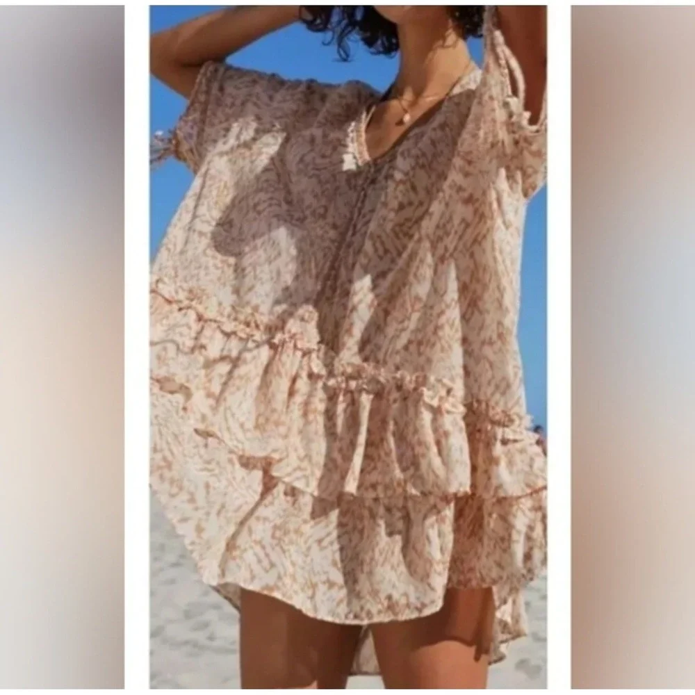 Aerie‎ Tan White Ikat Print Tiered Ruffle Swim Coverup Dress XS/S